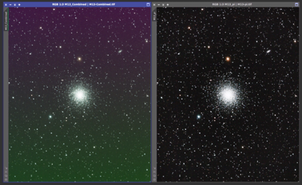 M13 Hercules Globular Cluster  On the left is the 12x5min OSC subs calibrated and combined with a screen stretch to see the faint stars.  On the right is the processed version from June 20, 2017 